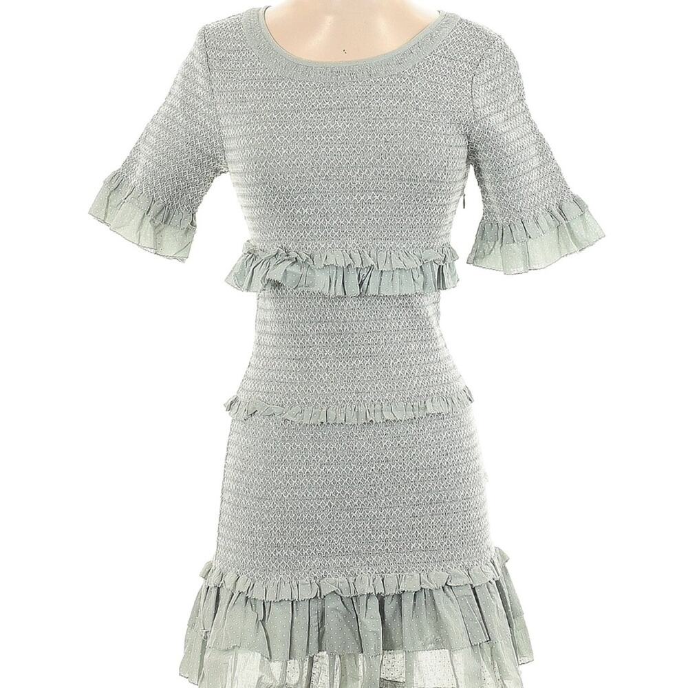 LoveShackFancy Green Stretchy Sheath Mini Dress with Flutter Sleeves Sz Small
